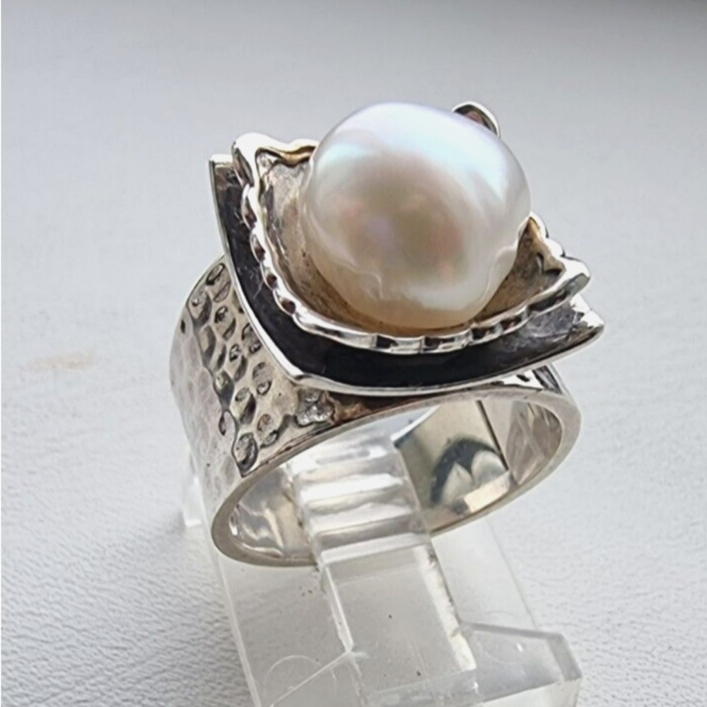 SILPADA 925 STERLING SILVER FRESHWATER 10mm. PEARL HAMMERED RING SIZE 6.75